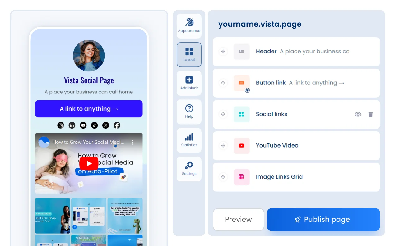 Use Vista Page to create a stunning fully-customizable link in bio and landing pages for your business or brand. Drive traffic from social networks, collect payments, generate leads, get appointments, track clicks, and more.