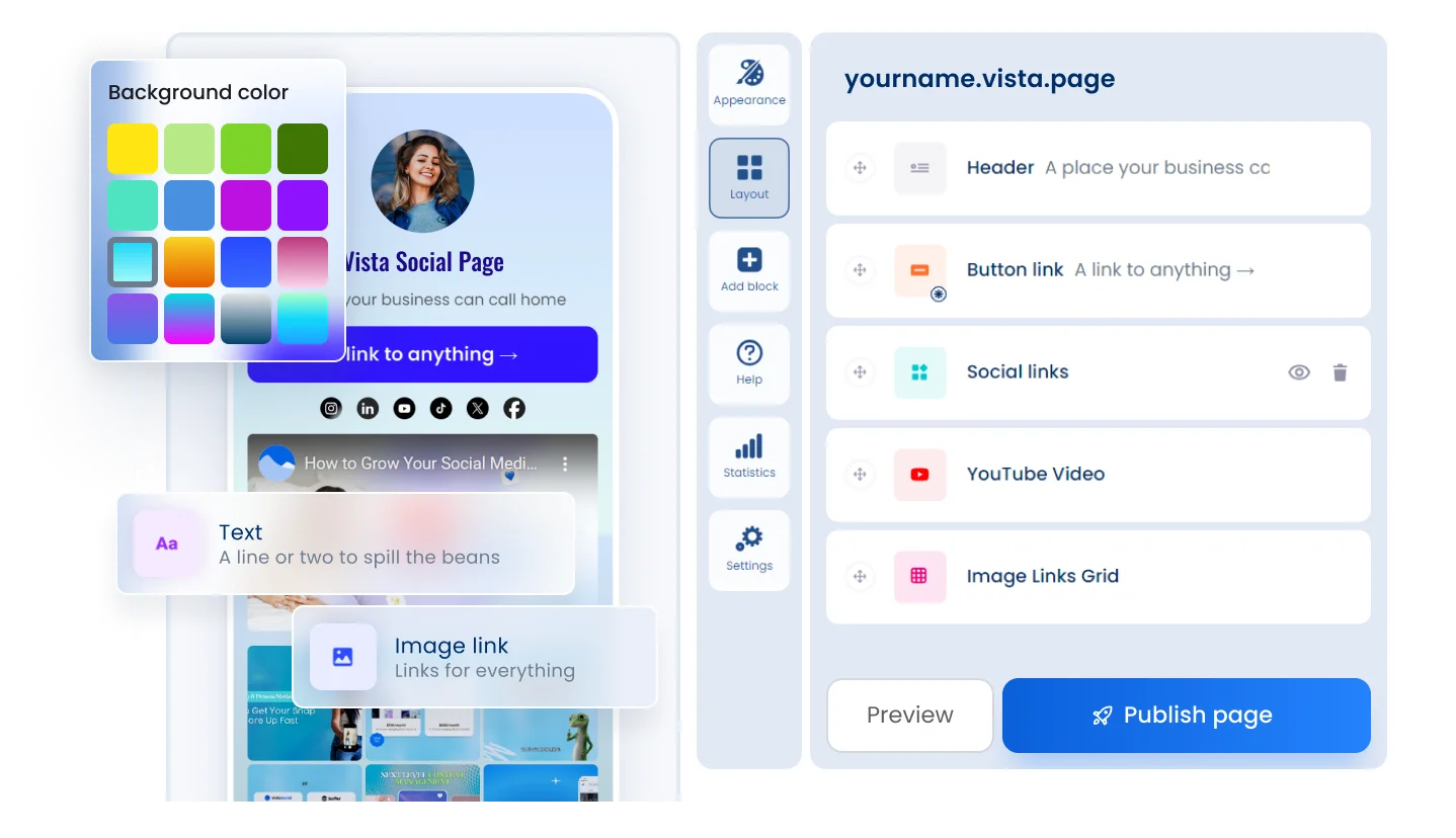 Use Vista Page to create a stunning fully-customizable link in bio and landing pages for your business or brand. Drive traffic from social networks, collect payments, generate leads, get appointments, track clicks, and more.
