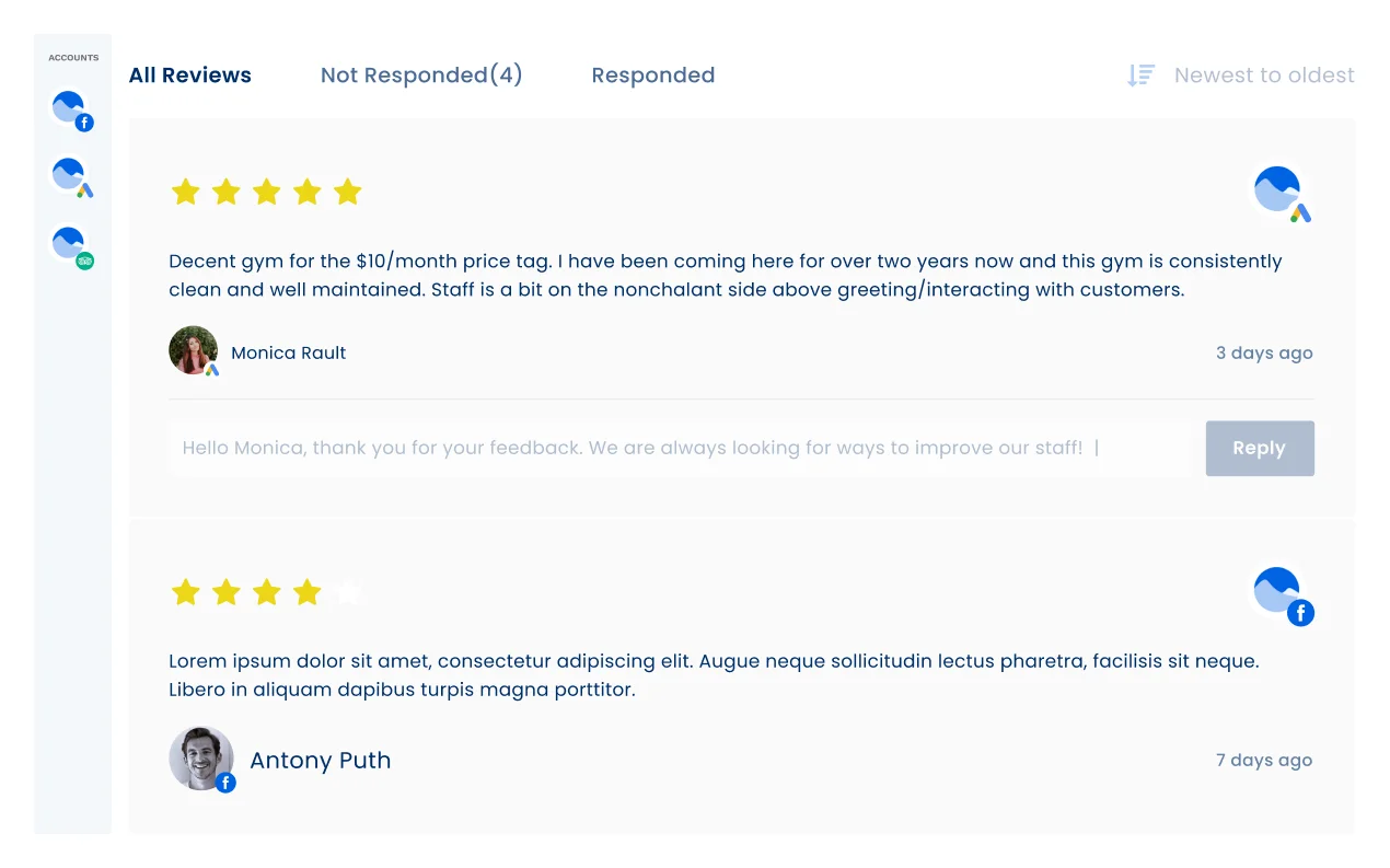 Strengthen online reputation with review management features such as reporting, alerts, and the ability to respond!