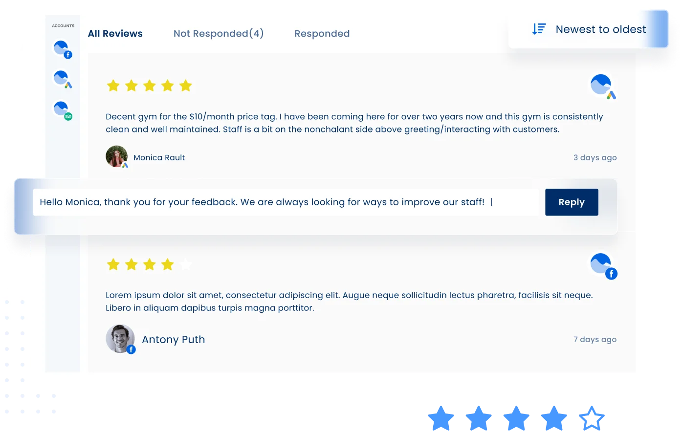 Strengthen online reputation with review management features such as reporting, alerts, and the ability to respond!